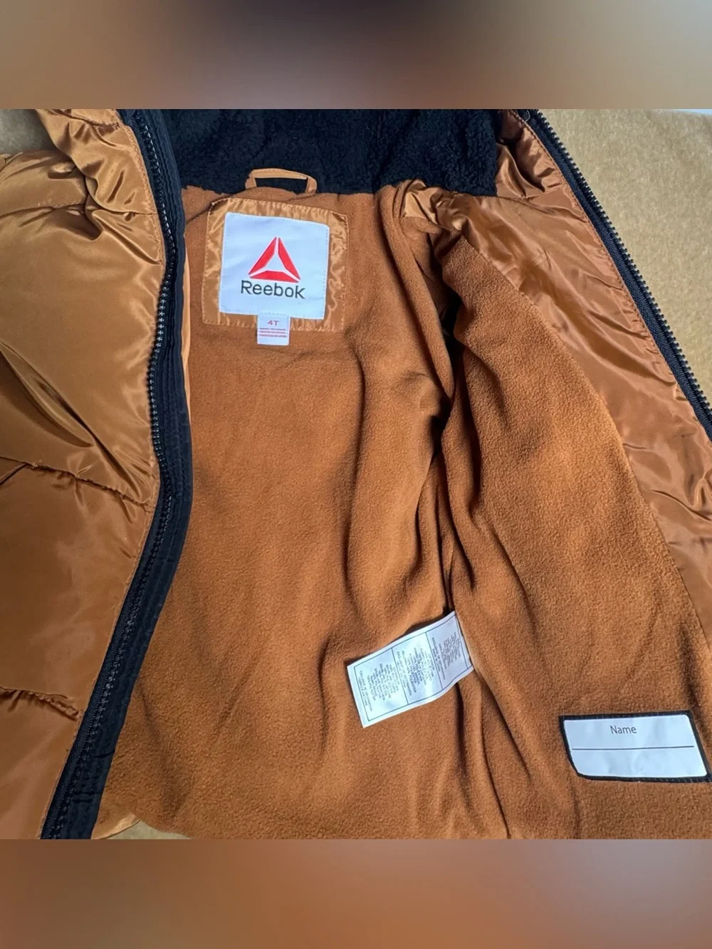 Kids Reebok Brown and Black Puffer Jacket NWT